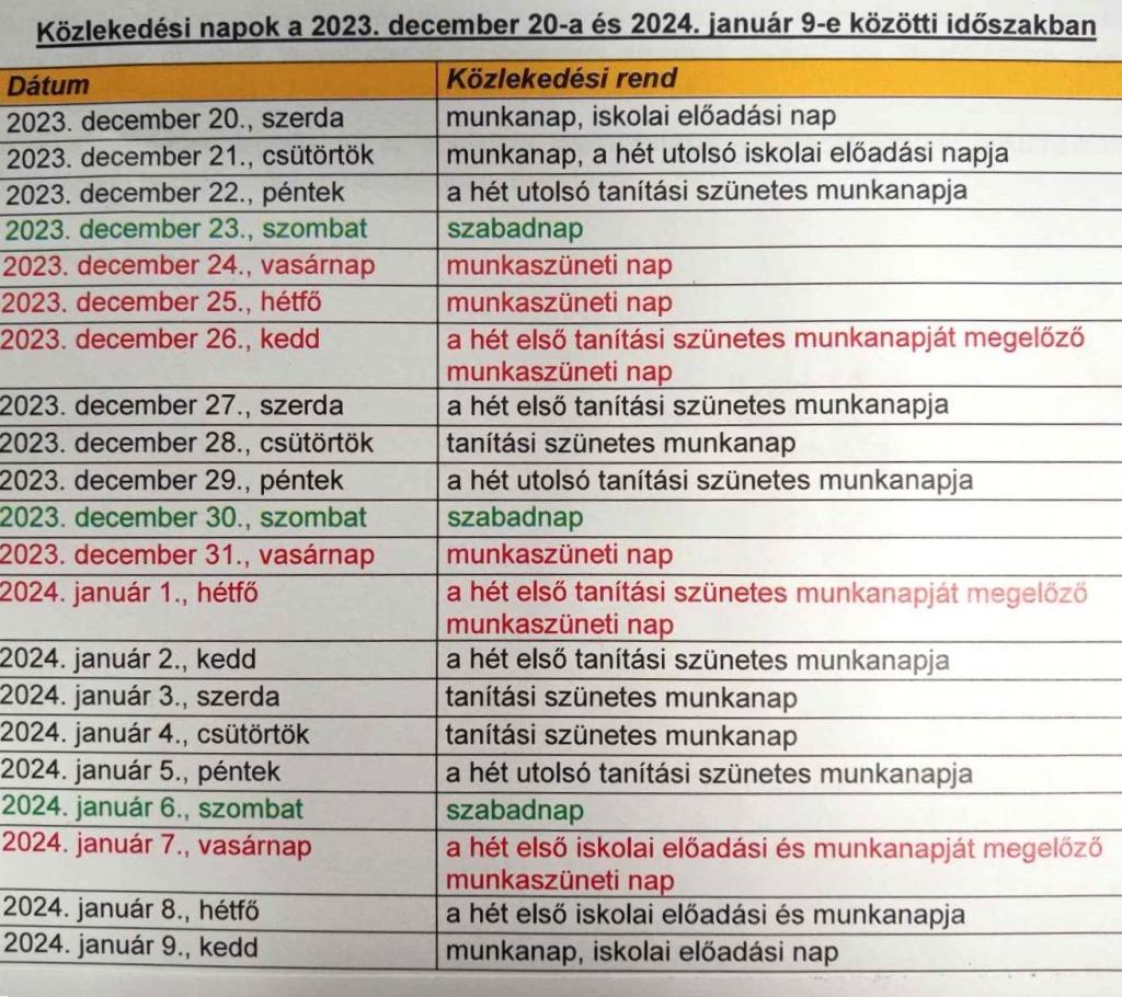 Közlekedési nap változások ünnepek körül 2023